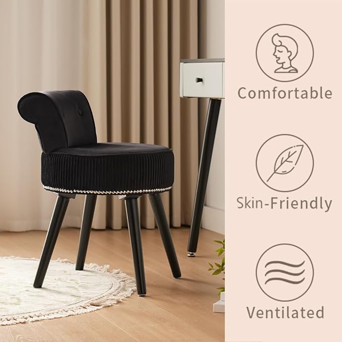 Vanity Stool with Back -Black Velvet Vanity Chair with Back Small Vanity Makeup Vanity Chair Velvet Vanity Stool Chair Tufted Accent Chairs Makeup Chair for Vanity for Women Girls and Kids(Black)