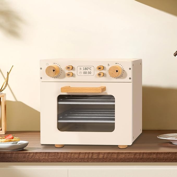 Wooden Kids Oven, Pretend Play Oven for Toddlers with DIY Stickers, Kitchen Play Set Accessories with Push-Pull Baking Tray. Ideal Choice for Boys and Girls Aged 3+