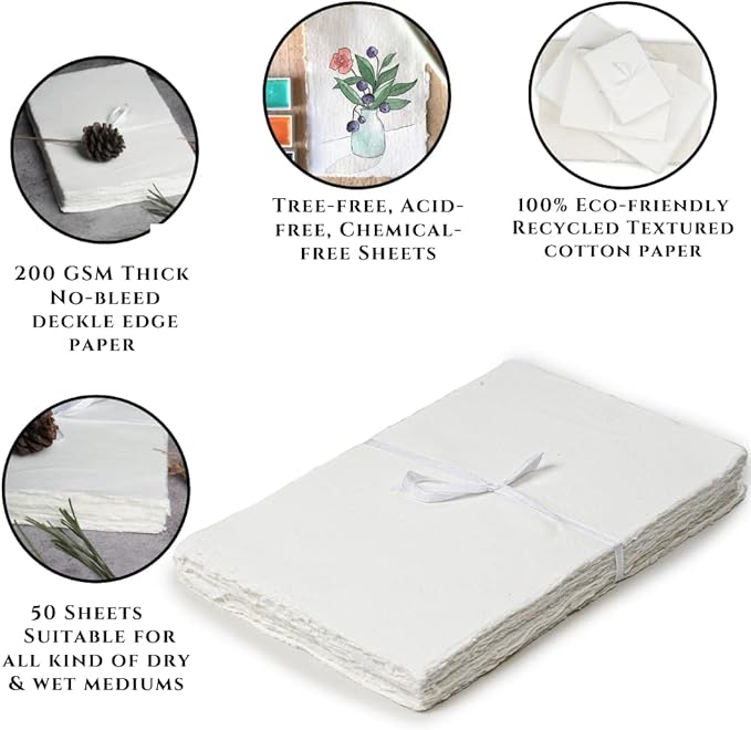 50 Sheets - Rough/Textured Watercolor Paper - 9.5 X 12.5 inches(150GSM) - Handmade/Deckle Edge Paper Made from Virgin Egyptian Cotton - Off-White by Leather Village