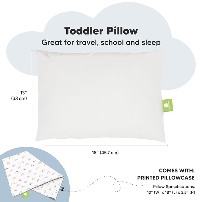 Toddler Pillow with Pillowcase - 13x18 My Little Dreamy Pillow, Organic Cotton Toddler Pillows for Sleeping, Kids Pillow, Travel Pillows,Mini Pillow,Nursery Pillow,Toddler Bed Pillow (Jolly Rainbow)