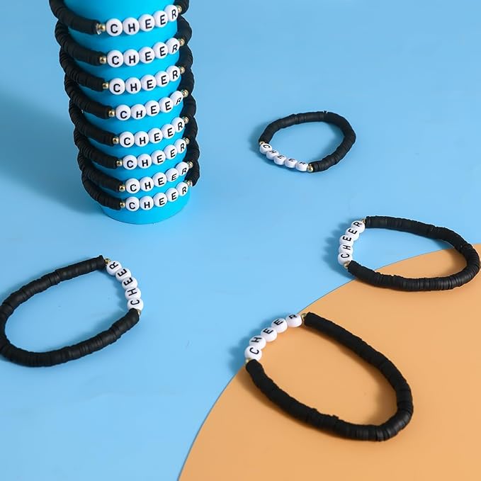 24 Pcs Cheerleader Gifts for Girls Handmade Friendship Bracelets for Teen Girls Stretch Cheer Bracelets Y2k Cheer Stuff Stackable Clay Bead Bracelets Bulk Teens Birthday Christmas Party Favors
