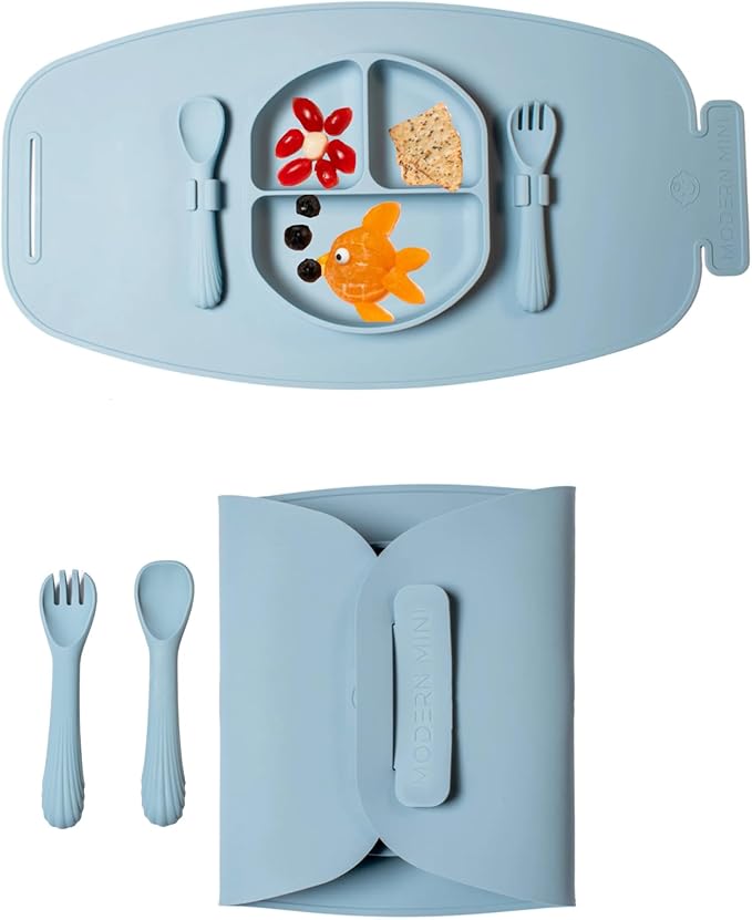Silicone Suction Plate, Baby Toddler, Divided Plate with Fork & Spoon - Unbreakable, Non-Toxic, Food Grade Silicone, Strong Suction Grip, Spill Proof & Foldable for Travel!
