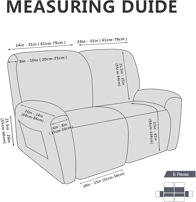 molasofa Loveseat Recliner Slipcover - 6 Pieces Stretch Leather Like Recliner Sofa Cover for 2 Seat Dual Reclining Loveseat Couch Furniture Protector with Elastic Bottom (Black)