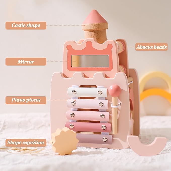 Youuys Wooden Activity Cube 9-in-1 Montessori Toys for 3+ Year Old Boys & Girls, Multipurpose Educational Sensory Learning Toys for Baby Toddlers with Mirror, First Birthday Gift (Castle)