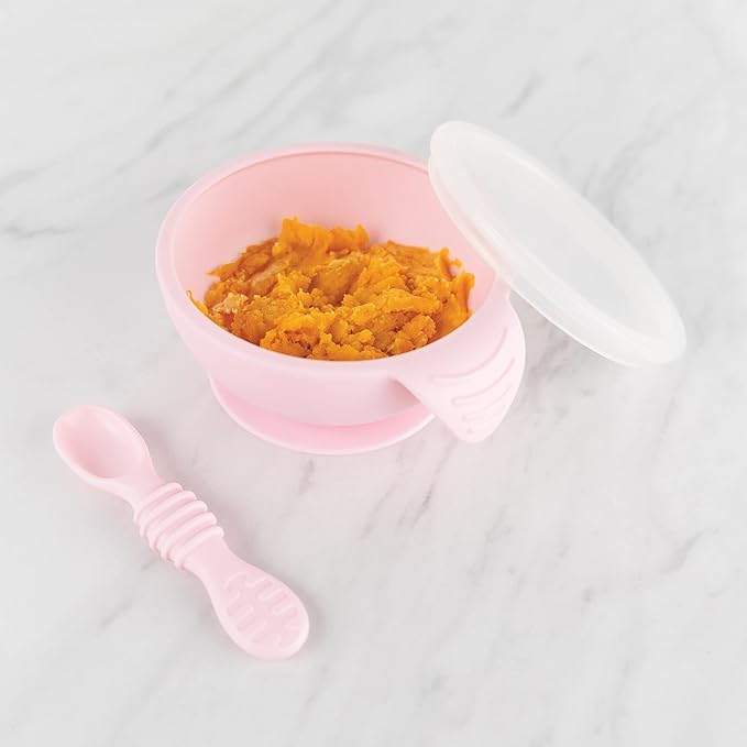Bumkins Baby Bowl, Silicone Feeding Set with Suction for Baby and Toddler, Includes 4 Spoons and Lid, First Feeding Set, Training Essentials for Baby Led Weaning for Babies 4 Months Up, Pink