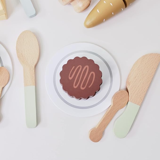 Wooden Play Food Sets for Kids Kitchen 42 pc Wooden Toys with Storage Basket Wood Pretend Food Play Kitchen Accessories Set