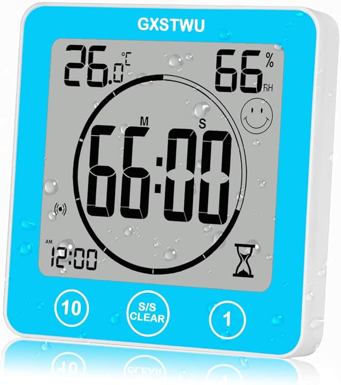 Digital Shower Clock, Bathroom Timer Clock, Waterproof for Water Spray, Count Up Count Down Alarm, Touch Screen Timer, Temperature Humidity, Wall Clock Magnet, Suction Cup, Hanging, Stand Blue