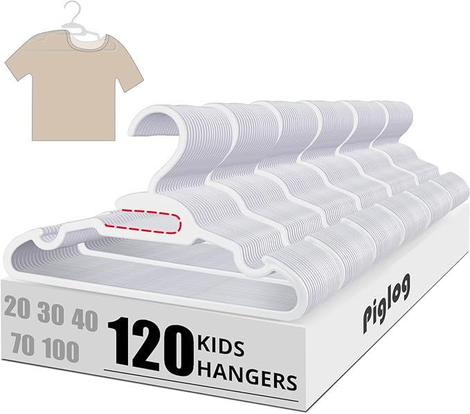Kids Hangers, 120 Pack U-Shape Baby Hangers, with Protective Collar Non-Distorting Design from Stretching, 11.4inch Plastic Space-Saving Baby Clothes Hangers for Toddlers, Newborns, White