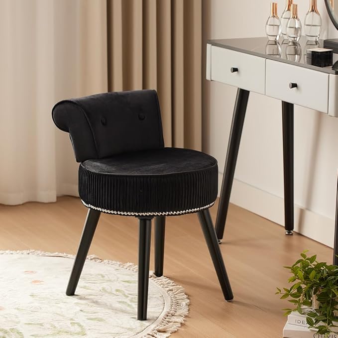 Vanity Stool with Back -Black Velvet Vanity Chair with Back Small Vanity Makeup Vanity Chair Velvet Vanity Stool Chair Tufted Accent Chairs Makeup Chair for Vanity for Women Girls and Kids(Black)