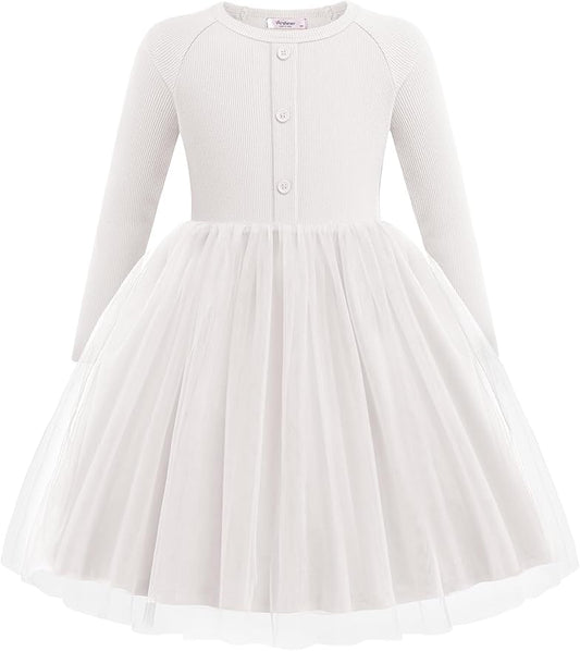 Arshiner Toddler Girls Tutu Dress Long Sleeve Fall Winter Button Front Party Tulle Dresses 2-8Y