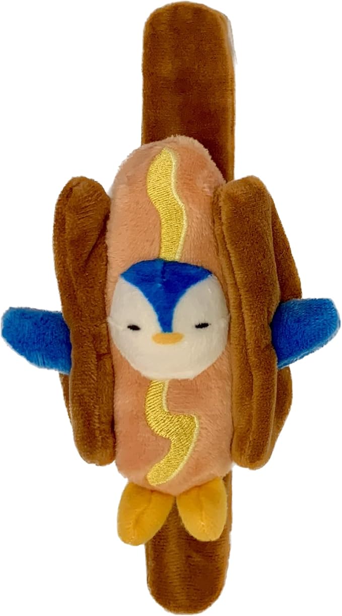 Adorable Penguin in a Hot Dog Costume Slap Bracelet. This cuddly friend easily wraps around your wrist, backpack, bedpost, or any object that fits its soft and snug embrace, PT101