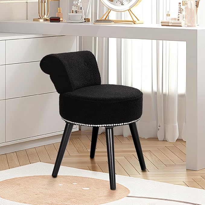Sherpa Vanity Chair with Back Small Makeup Chair with Wood Legs Teddy Vanity Stool Tufted Accent Chairs with Low Back Makeup Chair for Vanity for Women Girl and Kids (Black)