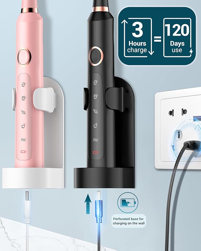 Rtauys 2 Pack Electric Toothbrush for Adults - 2 Rechargeable Electric Toothbrushes with 12 Brush Heads & 2 Travel Case, Power Electric Toothbrush with Holder, 3 Hrs Charge for 120 Days - Black+Pink