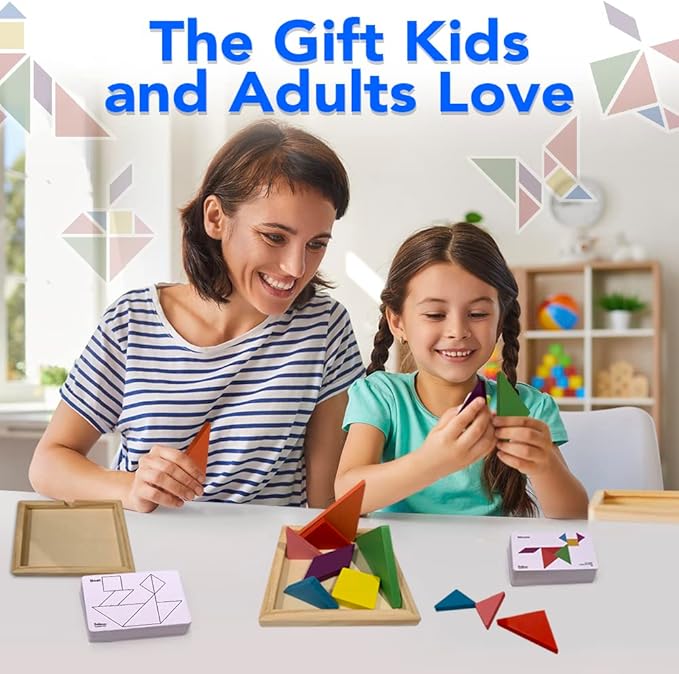 3 Bees & Me 2 Wooden Tangram Shapes Puzzle Toys with 52 Pattern Cards for Kids and Adults - Montessori Wood Toy, STEM Shape Puzzles Manipulatives Games, Educational Tangrams for Kids