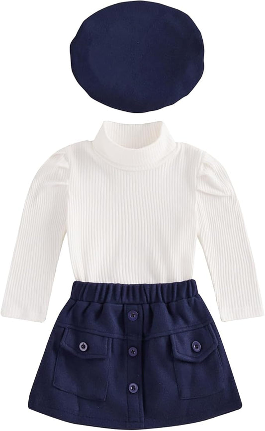 Fernvia Toddler Baby Girl Fall Winter Skirt Set Turtleneck Ribbed Long Sleeve T-Shirt Top & Plaid Skirts Dress 2Pcs Outfits
