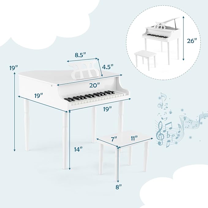 HONEY JOY Classical Kids Piano, 30-Key Mini Grand Piano with Music Stand and Bench, Wooden Musical Instrument Toy w/Lid & Music Rack, Gift for Boys Girls Ages 3+ (4 Straight Leg-White)