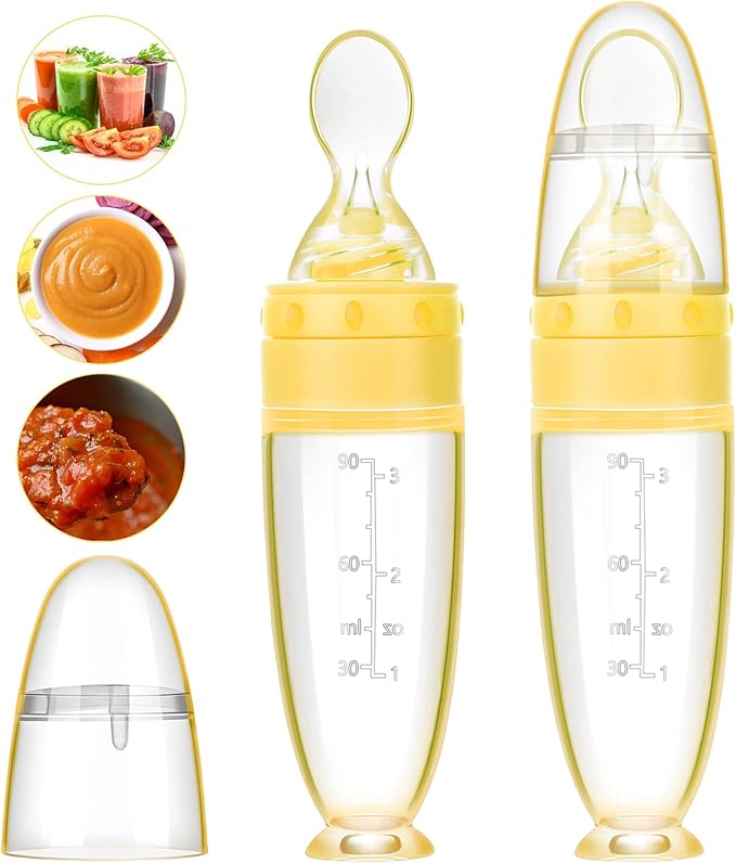 2 Pieces Silicone Baby Spoons Baby Feeding Spoon with Standing Base for Infant 0-24 Months Dispensing and Feeding (Yellow)