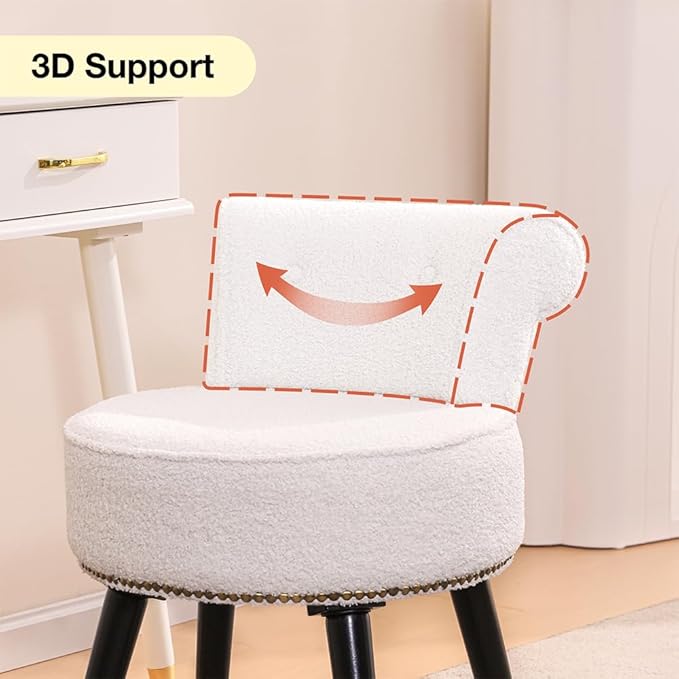 Sherpa Vanity Chair with Back Small Makeup Chair with Wood Legs Sherpa Vanity Stool Tufted Accent Chairs with Low Back Makeup Chair for Vanity for Women Girl and Kids (White)