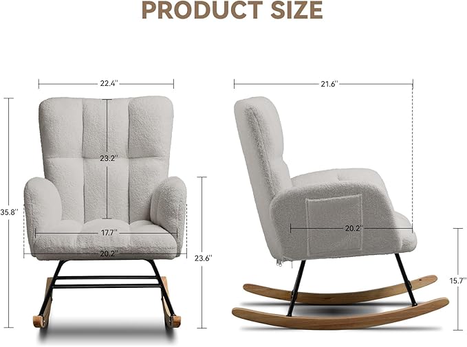 COMHOMA Nursery Rocking Chair, Teddy Upholstered Glider Rocking Chair with Side Pockets, Accent Chair with High Backrest Reading Chair for Adult, Nursery, Bedroom, Living Room,Offices (Grey)