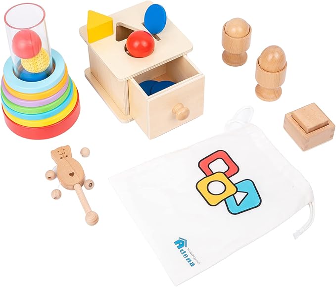 Adena Montessori Play Kit for 9-10 Months Baby,7 in 1 Learning Educational Toys for Toddler,Include Clear Tube with Stacking Rings,Coin Box,Wooden Rattle and more,Christmas Birthday Gift for Boys Girl