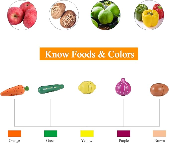 Wooden Toys Food for Kids Kitchen - Play Food Cutting Fruits and Vegetables Set for Pretend Role Play