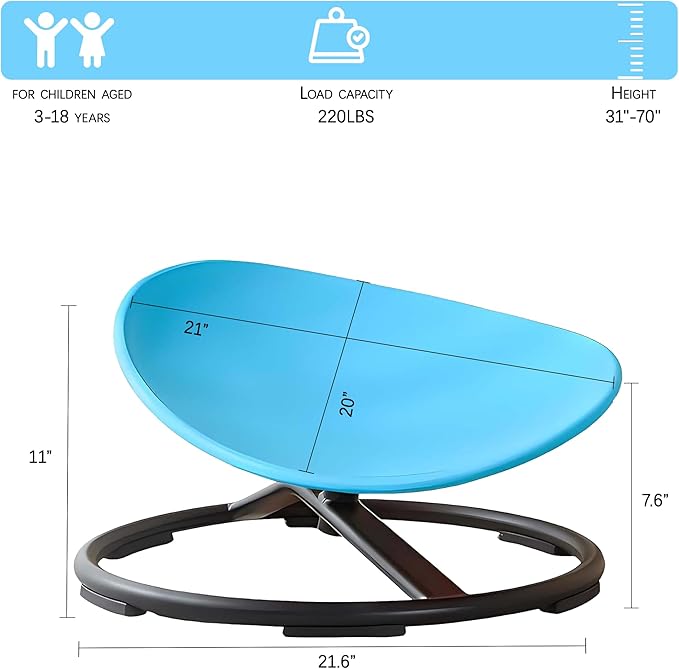 Kids Sensory Spinning Chair, Sit and Spin Toy, Autistic Childs Swivel Chair, Training Body Coordination, Metal Base Non-Slip Indoor and Outdoor Activity Toys (Blue)