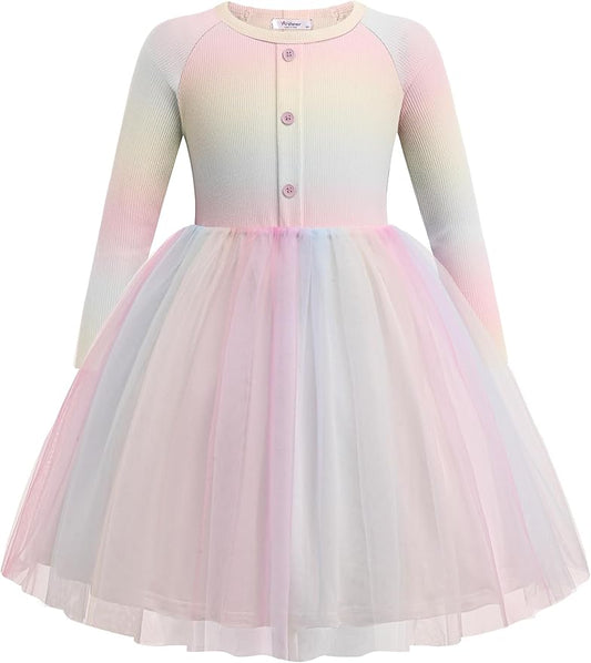 Arshiner Toddler Girls Tutu Dress Long Sleeve Fall Winter Button Front Party Tulle Dresses 2-8Y