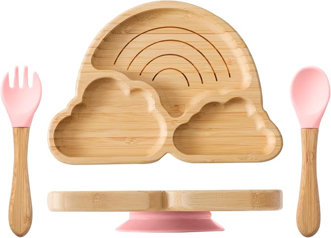Bamboo Suction Plate for Baby Kid Toddler Plate Spoon Fork Set with Removable Silicone Suction All-Natural Baby Feeding Set for Baby-Led Weaning Fits Feeding High Chair Table