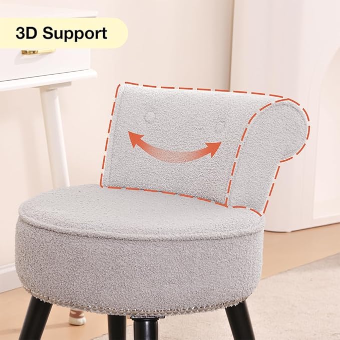 Sherpa Vanity Chair with Back Small Makeup Chair with Wood Legs Sherpa Vanity Stool Tufted Accent Chairs with Low Back Makeup Chair for Vanity for Women Girl and Kids (Grey)