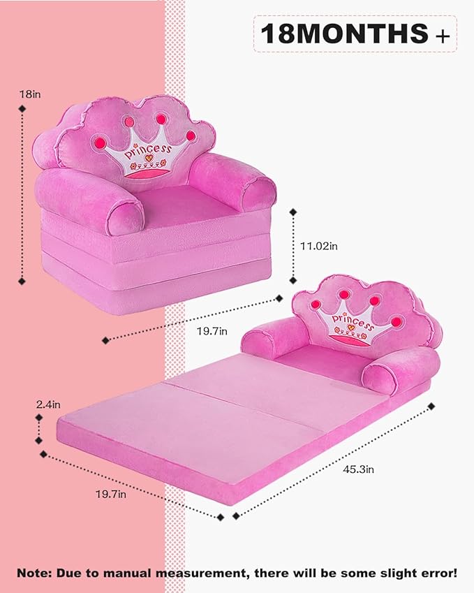 MOONBEEKI Kids Couch Fold Out, Foldable Princess Chair for Toddlers 1-3, Sofa Bed for Kids Folding Toddler Bed Lounger Chair for Bedroom, Toddler Couch Bed for Girl