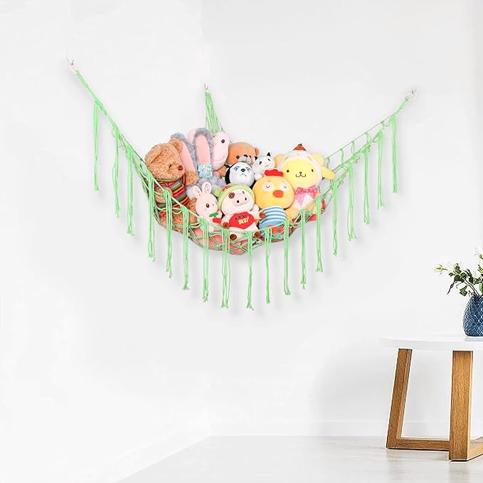 Boho Stuffed Animals Net or Hammock Large,55 inch Toy Hammock Macrame Stuff Animal Storage Corner Hanging Net Holder,Mesh Hammock Plush Toy Organizer with Hooks for Bedroom,Nursery (Deep Green)