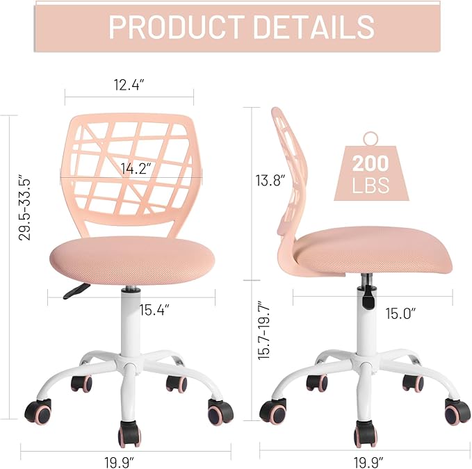 FurnitureR Kids Desk Chair, Small Office Chair Armless Study Chair, Cute Chic Adjsutable Swivel Rolling Task Chair with Soft Cushion for Kids Teens Children Student, Rose