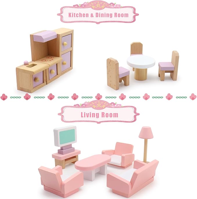 Wooden Dollhouse Furniture Set, 22 Pcs Miniature Doll House Accessories,4 Rooms Wood Pink Dollhouse Accessories Pretend Play Furniture Toys for for Kids Boys Girls Age 3