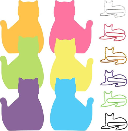 Adorable Cat Lover's Set: 6 Colorful Cat Paper Clips and Silhouette Cat Sticky Notes - Perfect Office Desk Accessories for Work and School