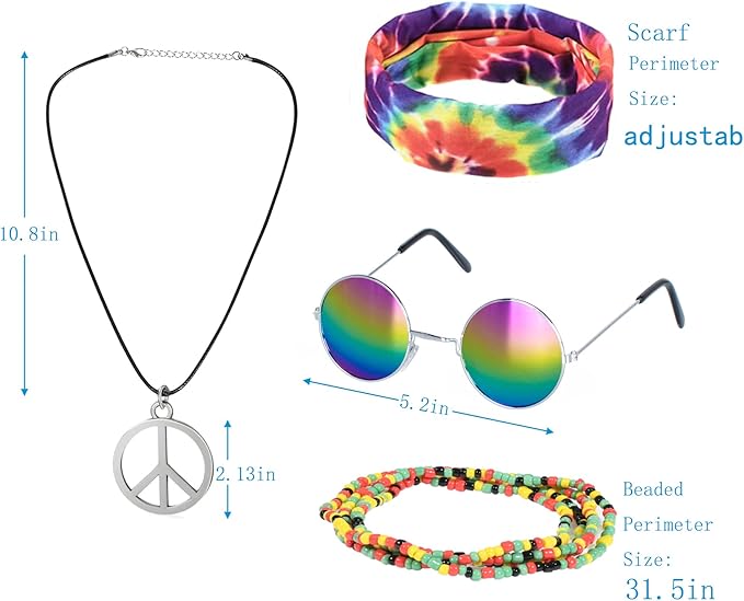 Kids Hippie Costume for Boys Girls 60s 70s T-Shirt 5Pcs Set for Halloween Party 3-12 Years