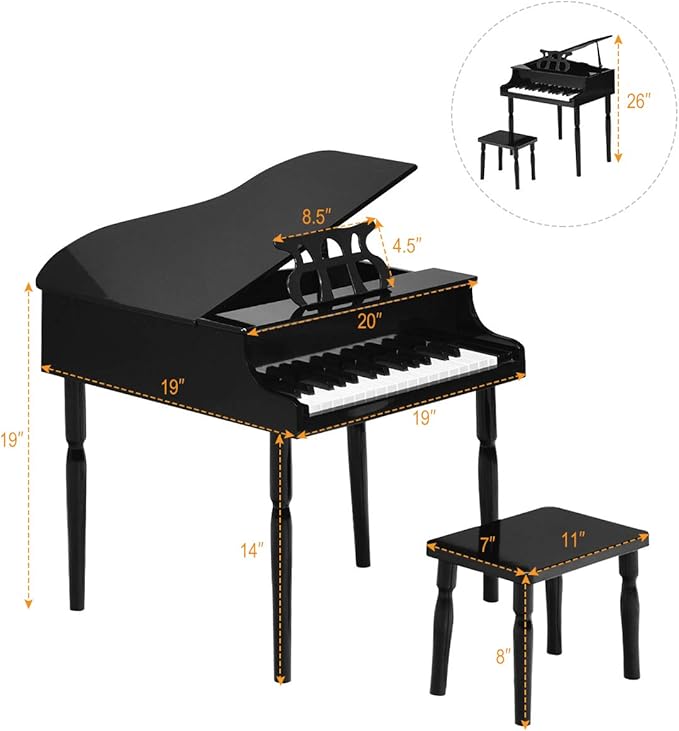 HONEY JOY Classical Kids Piano, 30-Key Mini Grand Piano with Music Stand and Bench, Wooden Musical Instrument Toy w/Lid & Music Rack, Gift for Boys Girls Ages 3+ (4 Straight Leg-Black)
