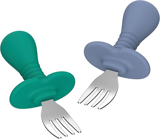 Baby Forks Toddler Forks for Self Feeding, Kids Forks with Silicone Round Handle, Stainless Steel Toddler Utensils Children Safe Silverware Set, Anti-Choke Design, BPA Free - Green Blue