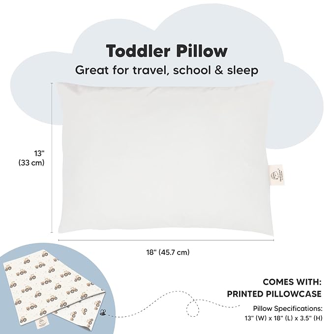 Toddler Pillow with Pillowcase - 13x18 My Little Dreamy Pillow, Organic Cotton Toddler Pillows for Sleeping, Kids Pillow, Travel Pillows, Mini Pillow, Nursery Pillow, Toddler Bed Pillow (Tractor)