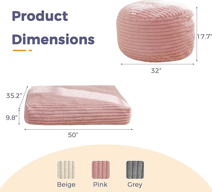 MAXYOYO Bean Bag Chair Bed for Kids, Floor Sofa Couch with High-Density Foam Filling, Convertible Beanbag Folds from Lazy Chair to Floor Mattress Bed with Faux Fur Cover, Pink 9