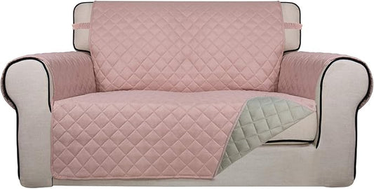 PureFit Reversible Quilted Sofa Cover, Water Resistant Slipcover Furniture Protector, Washable Couch Cover with Non Slip and Elastic Straps for Kids, Dogs, Pets (Loveseat, Pink/Beige)