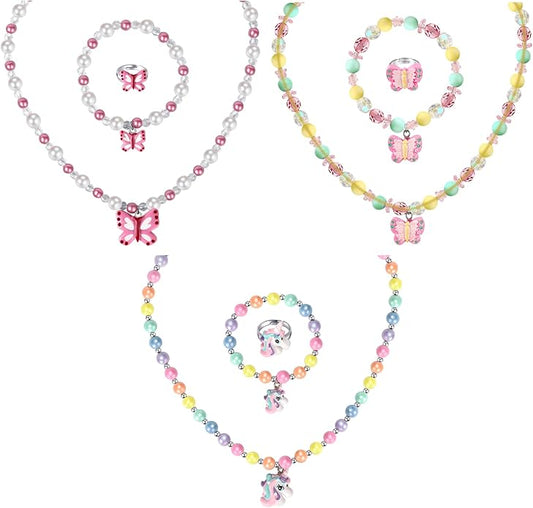 3 Sets Girl Princess Necklace Bracelet Ring Kids Stretchy Jewelry Gift Unicorn Butterfly Necklace Bracelets Rings Party Favors Dress up Jewelry for Little Girl Toddler(with Gift Box)