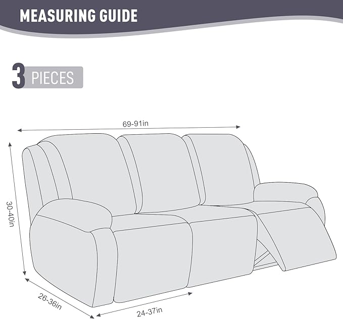 KinCam Recliner Covers, Stretch Reclining Chair Covers, Recliner Sofa Slipcovers Stripe Jacquard Recliner Couch Covers Furniture Protector Covers for Pet Kid (3 Seater, Light Gray)