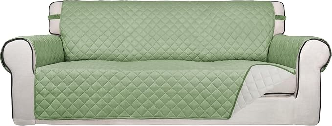 PureFit Reversible Quilted Sofa Cover, Water Resistant Slipcover Furniture Protector, Washable Couch Cover with Non Slip and Elastic Straps for Kids, Dogs, Pets (Sofa, Sage Green/Ivory)