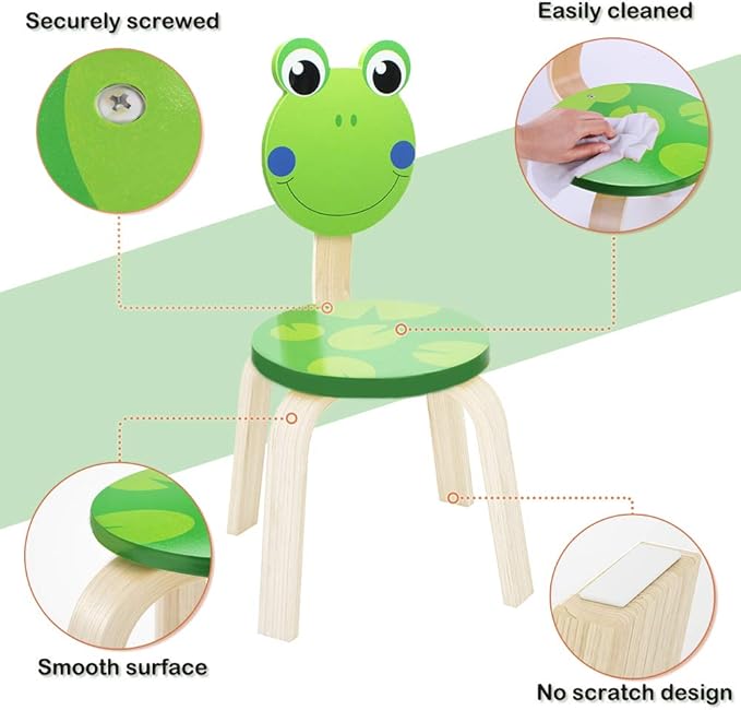 iPlay, iLearn 2 PCS Wooden Kids Chair Sets, Natural Hardwood Frog & Cow Animal Children Chairs, Furniture Set for Toddlers Kids Boys Girls, Stackable for Playroom, Nursery, Preschool, Kindergarten