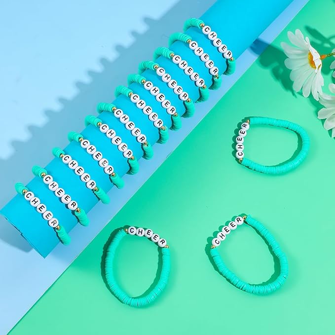 24 Pcs Cheerleader Gifts for Girls Handmade Friendship Bracelets for Teen Girls Stretch Cheer Bracelets Y2k Cheer Stuff Stackable Clay Bead Bracelets Bulk Teens Birthday Christmas Party Favors