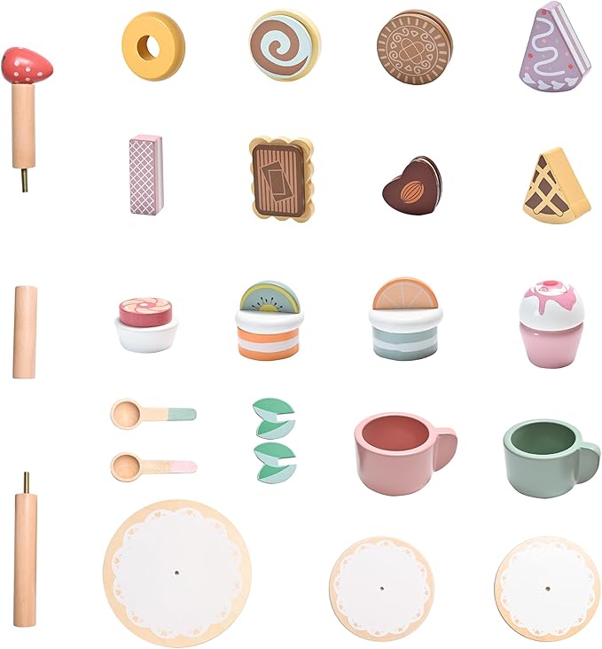19pcs Wooden Tea Set for Little Girls, Toddler Tea Set Wooden Toys Play Kitchen Accessories with Cupcake Stand & Fake Dessert, Kids Tea Party Set Pretend Play Food Birthday Gift Playset