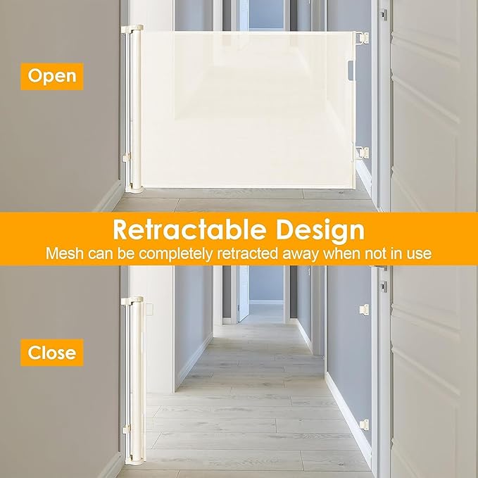 60 Inch Retractable Baby Gate Mesh Dog Gates for The House Pet Gates for Dogs Child Gates for Doorways Outdoor Gates for Decks Stair Gates for Kids or Pets Indoor Gate for Dogs Toddler Gate (Beige)