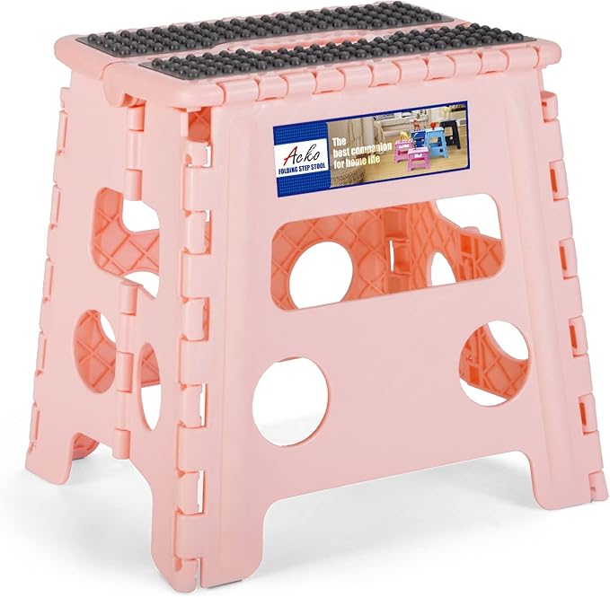 ACKO Folding Step Stool 13 Inch Stool Heavy Duty Plastic Foldable Step Stools for Kids, Stepping Stool with Handle, Folding Stool Suitable for Kitchen Hold Up to 300 LB (Sakura Pink 1PC)