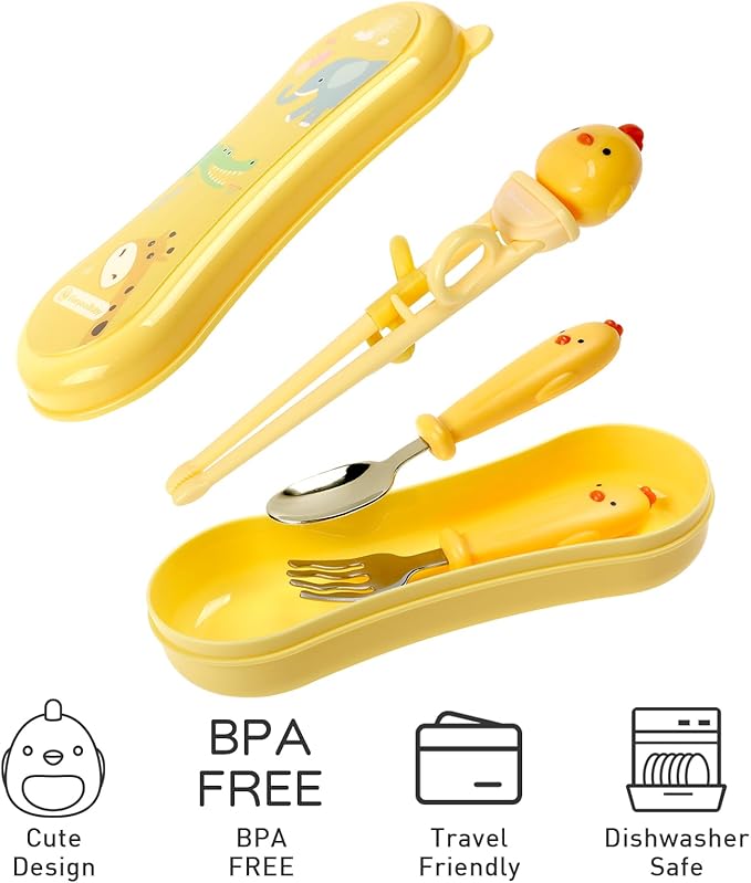 Toddler Utensils Stainless Steel Kids Silverware Set with Kids Spoons and Forks Set and Kids Chopsticks for Self Feeding Learning with Portable Case