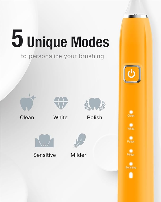 7AM2M Sonic Electric Toothbrush with 6 Brush Heads for Adults and Kids, One Charge for 90 Days, Wireless Fast Charge, 5 Modes with 2 Minutes Built in Smart Timer, Electric Toothbrushes(Orange)